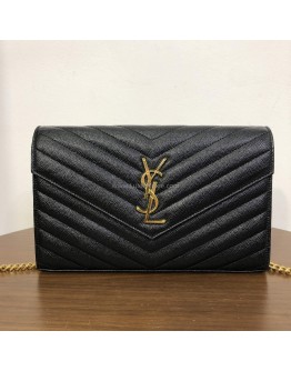 YVES SAINT LAURENT Medium Monogram Chain Wallet (WOC) in Black Grained Calfskin - GHW (Year 2022)
