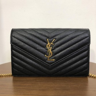 YVES SAINT LAURENT Medium Monogram Chain Wallet (WOC) in Black Grained Calfskin - GHW (Year 2022)
