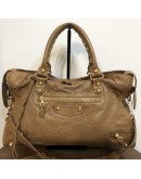 BALENCIAGA Medium Classic City Handbag with Shoulder Strap in Brown Arena Lambskin – GHW