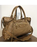 BALENCIAGA Medium Classic City Handbag with Shoulder Strap in Brown Arena Lambskin – GHW