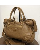 BALENCIAGA Medium Classic City Handbag with Shoulder Strap in Brown Arena Lambskin – GHW