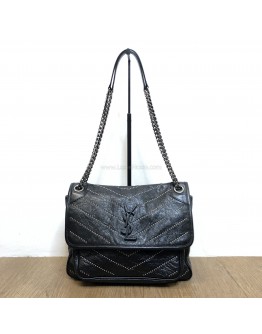 YVES SAINT LAURENT Niki Medium Studded Chain Bag in Black Crinkled Vintage Calf Leather – RHW