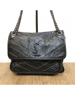 YVES SAINT LAURENT Niki Medium Studded Chain Bag in Black Crinkled Vintage Calf Leather – RHW