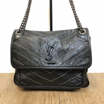YVES SAINT LAURENT Niki Medium Studded Chain Bag in Black Crinkled Vintage Calf Leather – RHW