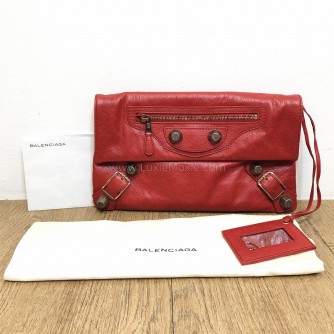 BALENCIAGA Red Envelope Clutch with Giant 21 Bronze Tone Hardware