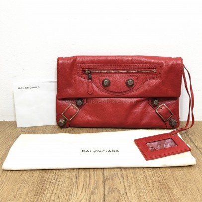 BALENCIAGA Red Envelope Clutch with Giant 21 Bronze Tone Hardware