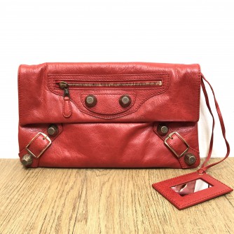 BALENCIAGA Red Envelope Clutch with Giant 21 Bronze Tone Hardware