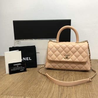 CHANEL Small Coco Handle Handbag in Peach Caviar with Shoulder Strap – Light Gold Hardware (31 Series – Year 2021)