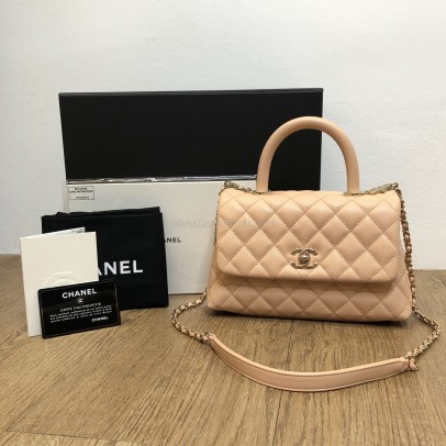 CHANEL Small Coco Handle Handbag in Peach Caviar with Shoulder Strap – Light Gold Hardware (31 Series – Year 2021)