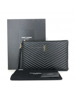 YVES SAINT LAURENT Monogram Large Chevron Quilted Clutch in Black – GHW (Document Case Holder)