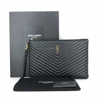 YVES SAINT LAURENT Monogram Large Chevron Quilted Clutch in Black – GHW (Document Case Holder)