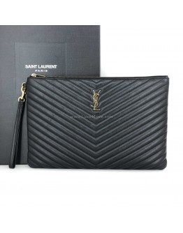 YVES SAINT LAURENT Monogram Large Chevron Quilted Clutch in Black – GHW (Document Case Holder)