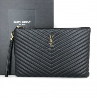 YVES SAINT LAURENT Monogram Large Chevron Quilted Clutch in Black – GHW (Document Case Holder)